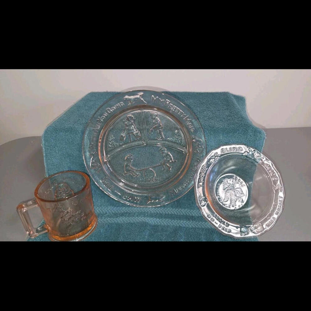 Vintage Tiara Indiana Glass Pink Nursery Rhyme Plate Mug & Bowl   Mother Goose 